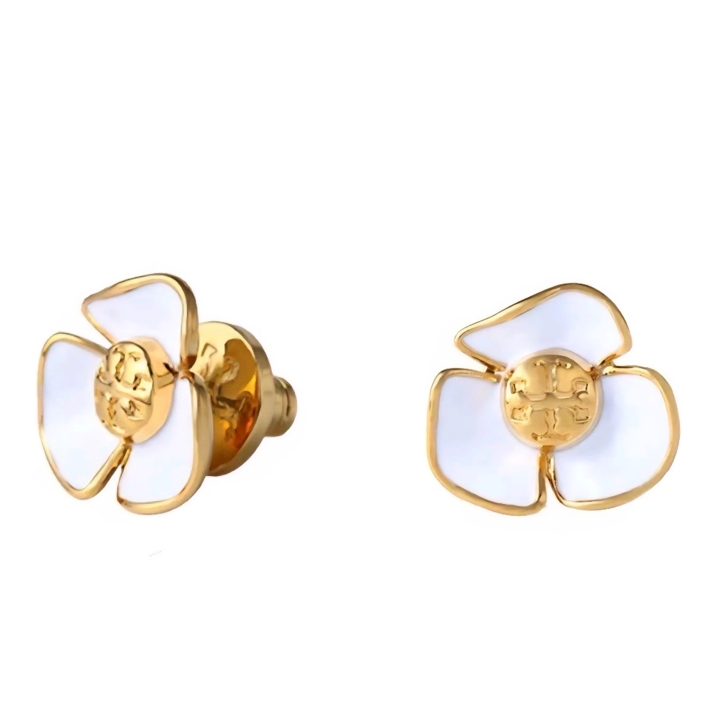 Tory Burch White Enamel and Gold Flower Stud Earrings